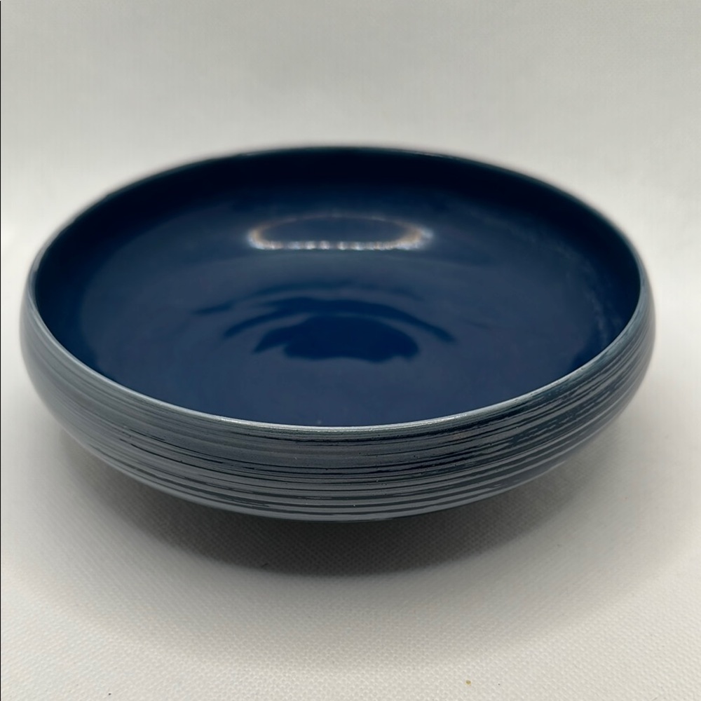 Sleek Blue Ceramic Serving Bowl Planter with Brush Stroke Glossy Finish